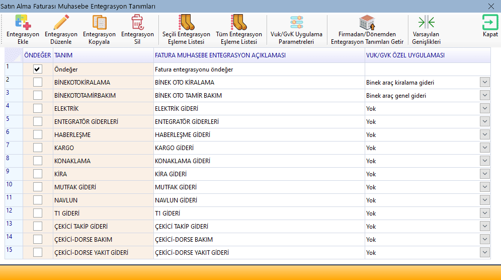 Entegrasyon tablosu tanımları