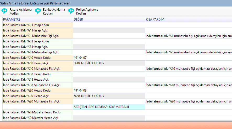 Fatura entegrasyon tablosu
