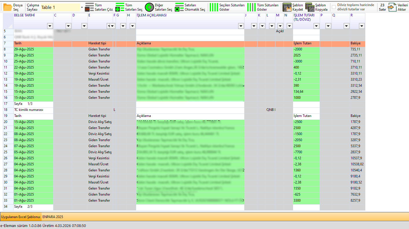 Excelden banka ekstresi aktarma