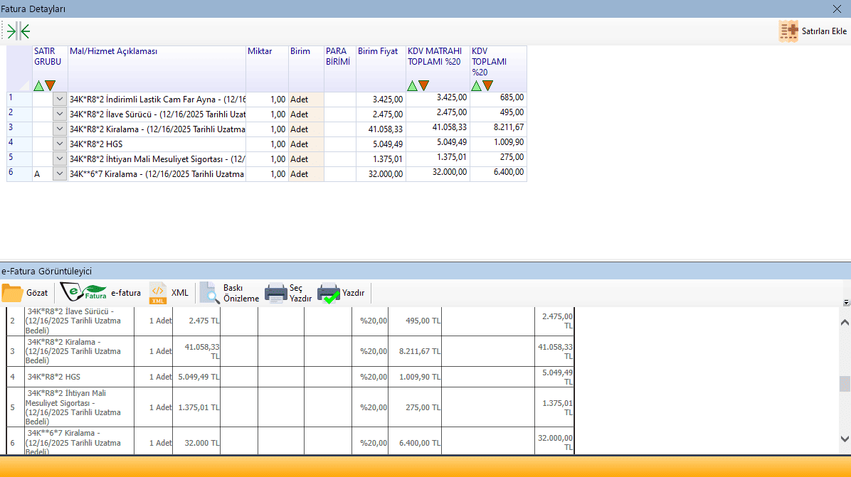 Fatura detaylı aktarım