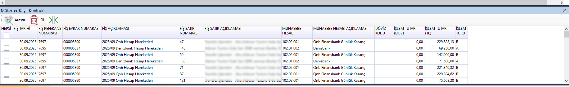 Banka Mükerrer Kayıtları Listesi